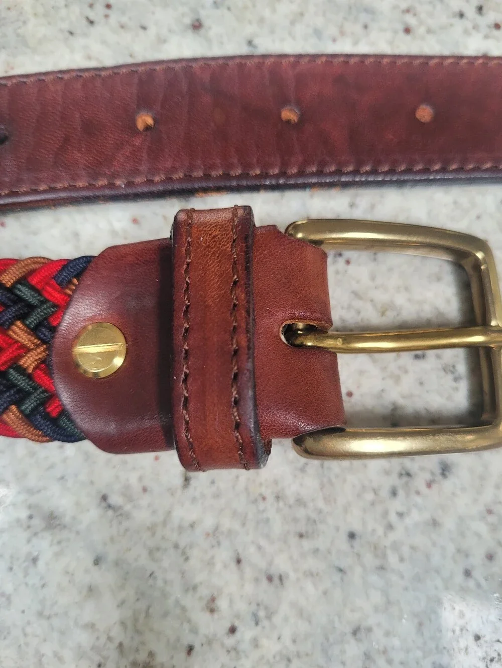 Braided Stretch Belt Multicolor Brown Red Leather Brass Italy Size Large 38 40